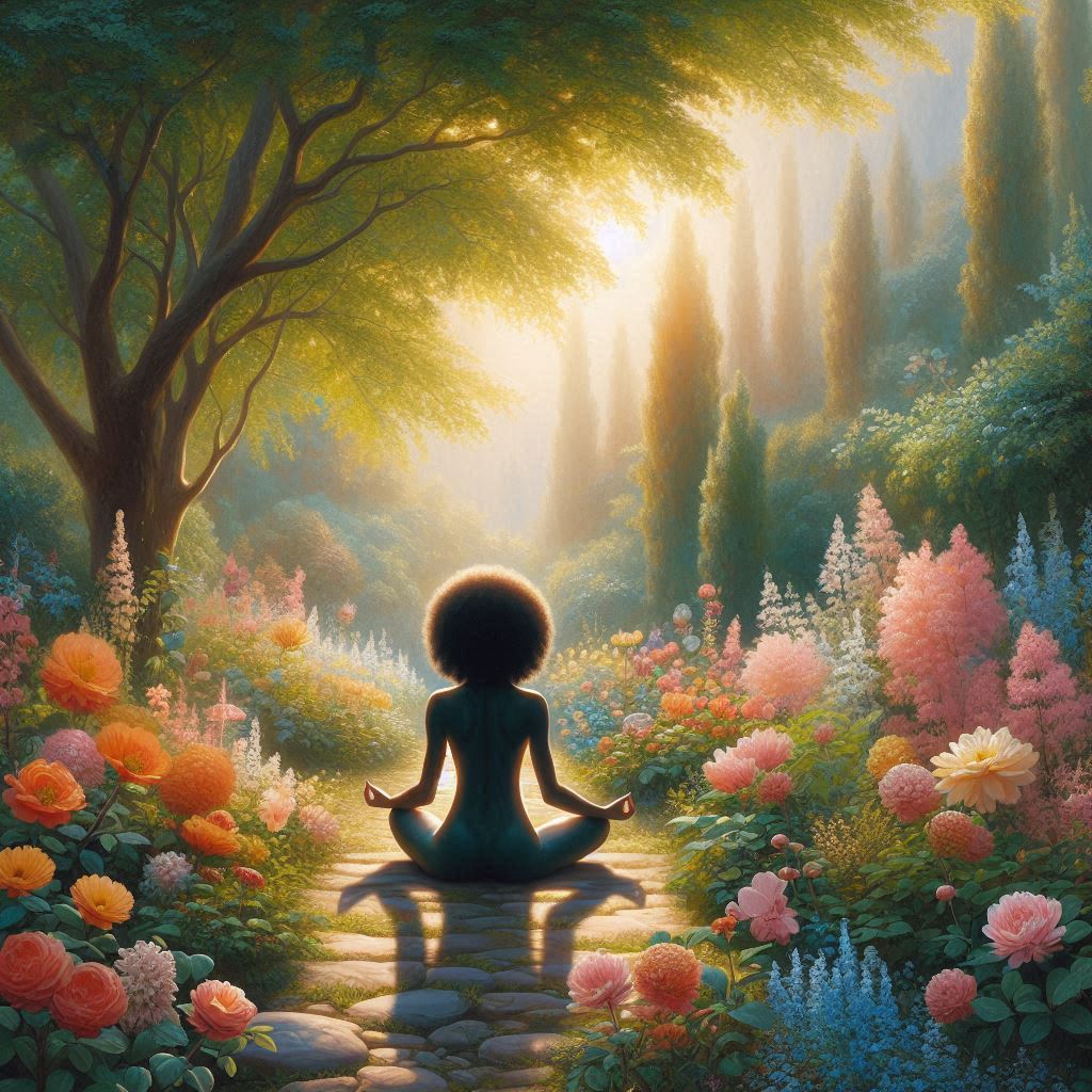 Woman sitting in meditation in a garden